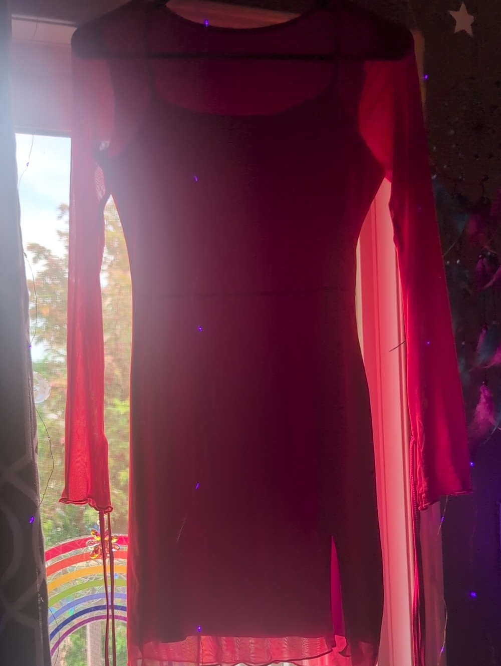 Red Fitted Long-Sleeve Dress With Sexy Sheer Sleeves